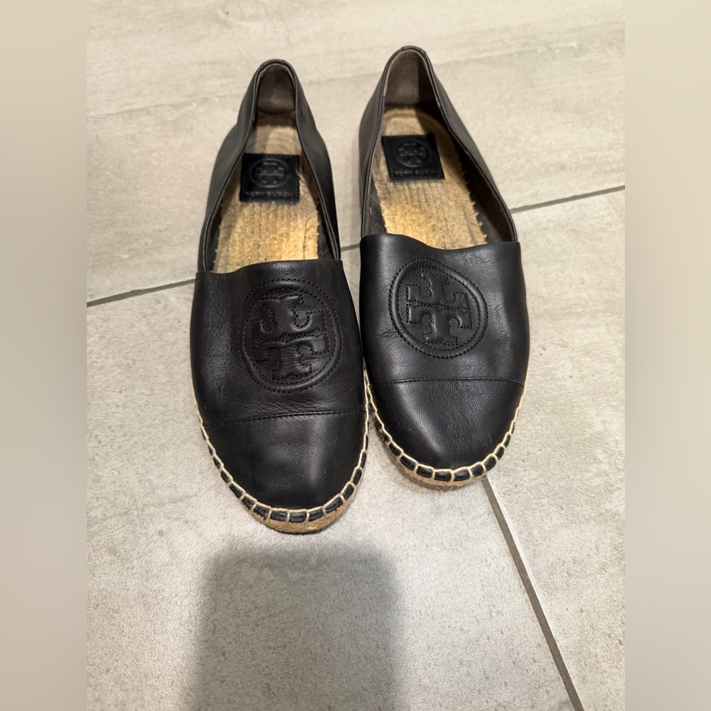 Tory Burch Black Leather Espadrille Loafers